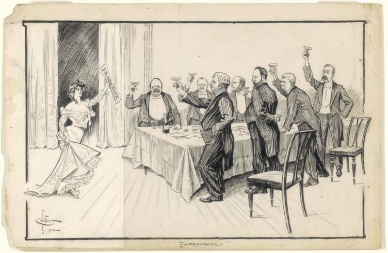 An ink cartoon showing 7 men standing around a dinner table wearing suits and raising glasses of champagne in their hands. A woman is standing with a sign that says "Franchise" at the head of the table.