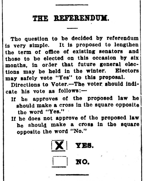 Printed article from a newspaper with the heading 'REFERENDUM' in capital letters and a box at the bottom with a large 'X' marked inside it next to the word 'YES'.