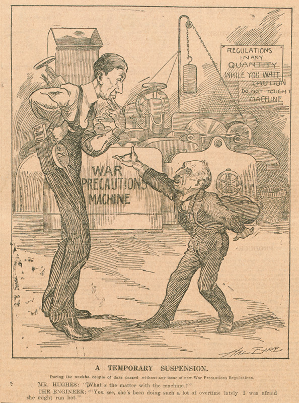 Black and white cartoon of two men standing in front of a machine labelled War Precaution Machine.