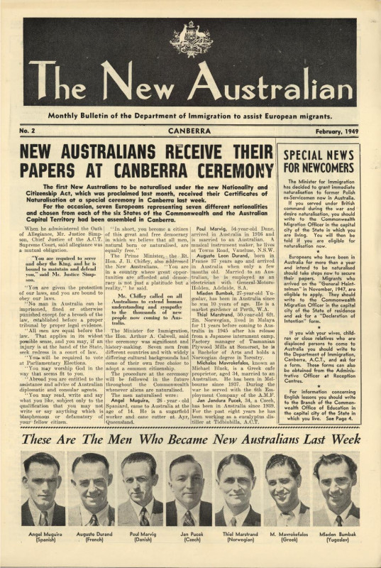 Article titled ‘New Australians receive their papers at Canberra ceremony’. Individual portraits of 7 white men appear at the bottom of the article.