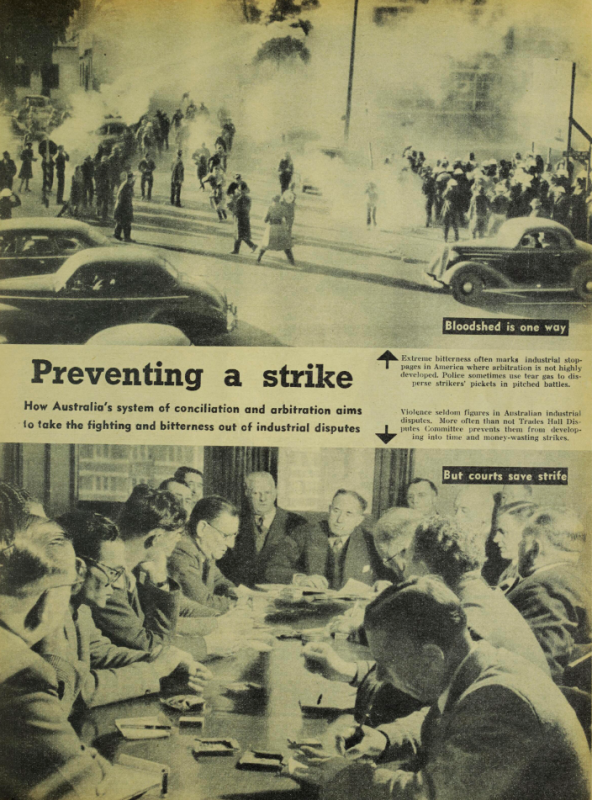 A magazine page with a photo of people rioting at the top and group of people meeting around a table at the bottom.