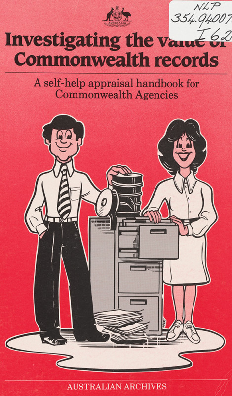 The front cover of a book showing a cartoon of a man and woman standing with a filing cabinet, papers and film