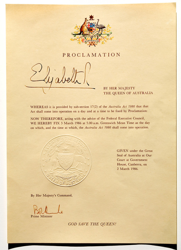 A signed document featuring the Australian Coat of Arms and the Great Seal of Australia. 