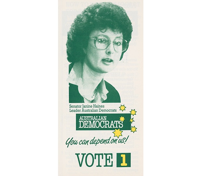 Pamphlet with the words ‘Vote 1, Australian Democrats, you can depend on us!’ with a woman with glasses and the southern cross constellation. 