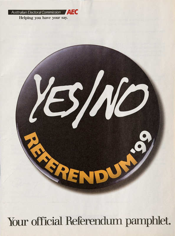 The front cover of a pamphlet. It depicts a large black circle with the words ‘Yes,’ ‘no,’ and ‘referendum 99.’