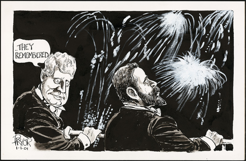 A cartoon of two men watching fireworks. One man is shown turning towards the other saying ‘They remembered.’