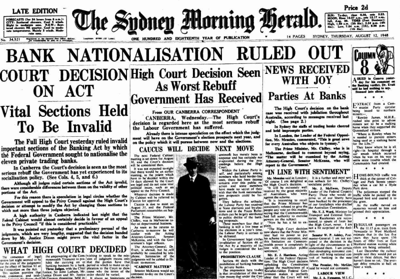 The front cover of the Sydney Morning Herald newspaper. The headline reads ‘Bank Nationalisation ruled out.’