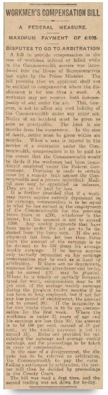 A sepia toned newspaper clipping titled Workmen’s Compensation Bill. 