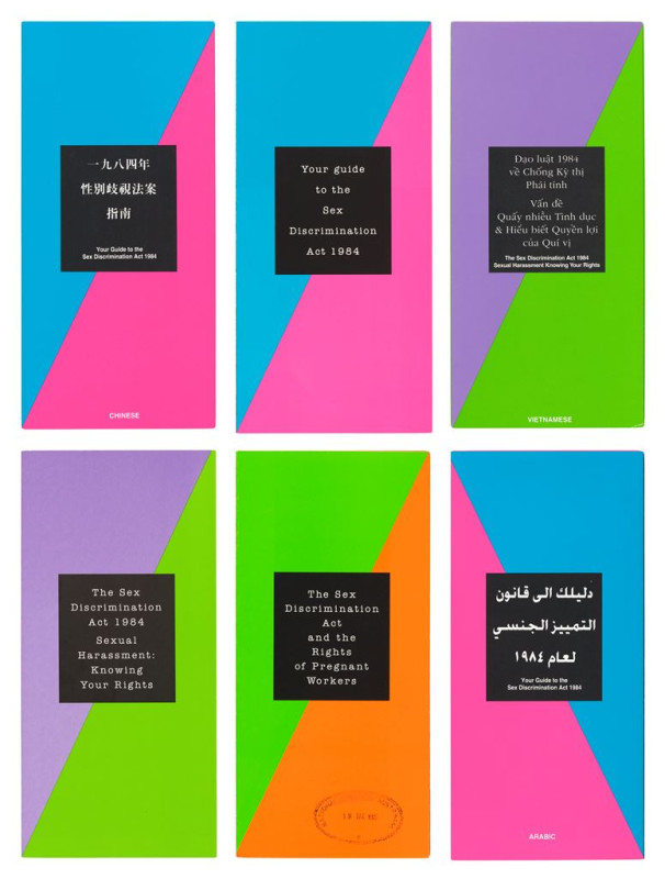 The front cover of 6 pamphlets about the Sex Discrimination Act 1984, written in multiple languages.