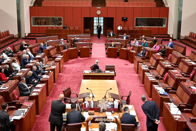 A large red room where senators sit in rows of chairs. The Usher of the Black rod guards the door into the room.