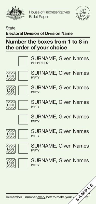 Sample House of Representative ballot paper with list of 8 boxes with name and party next to each.