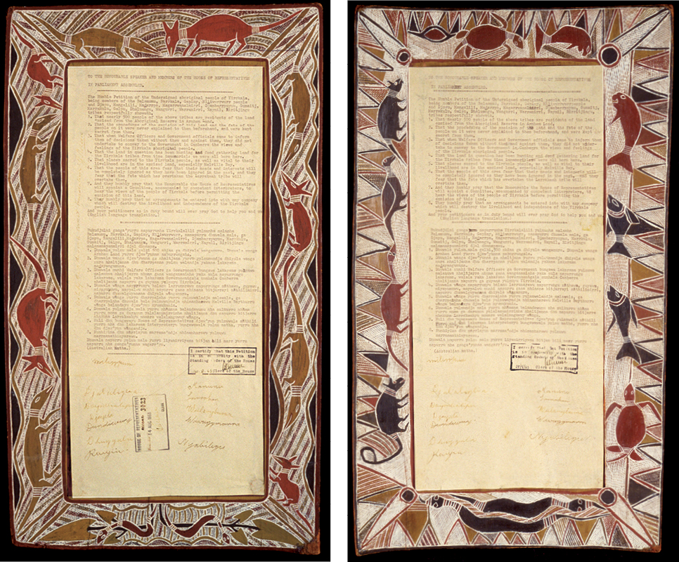 Two typed petitions with signatures, each with a border decorated with traditional iconography of animals. 
