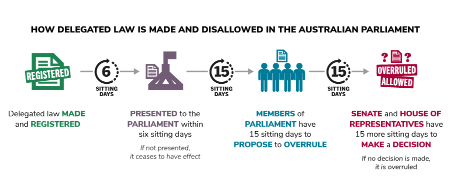 This diagram shows that after delegated law is made, members of parliament can decide if it should be overruled. 