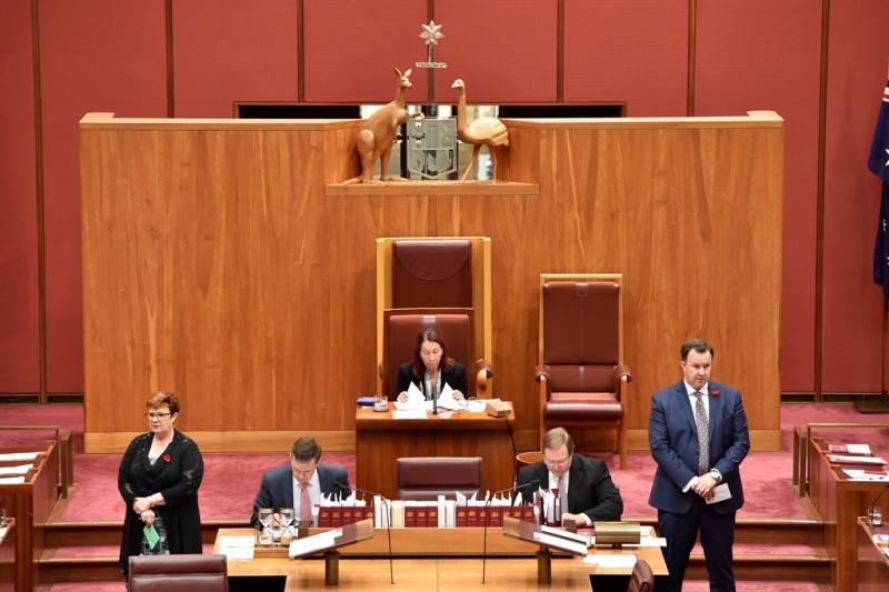 A woman and a man stand on either side of the Clerk's table in the Senate. There are people sitting at the central table.