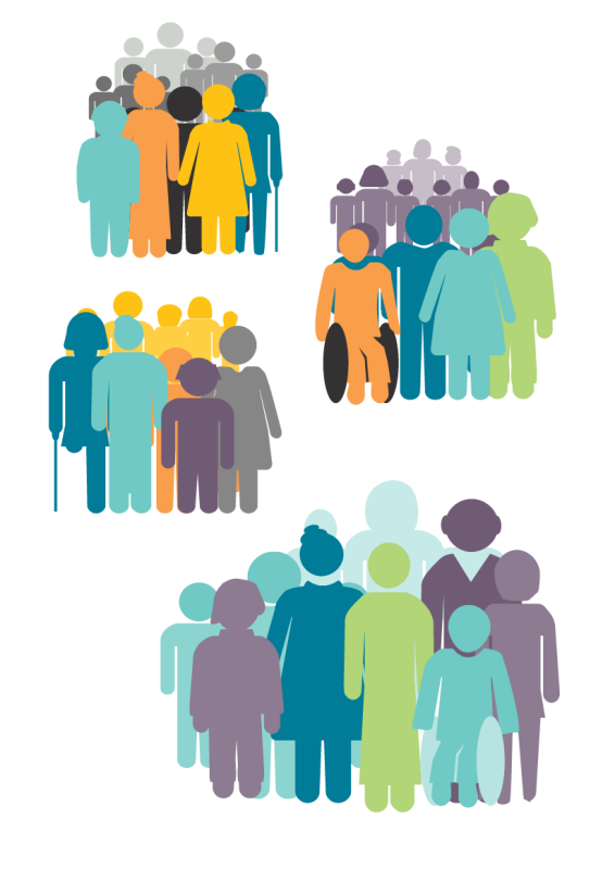 Graphic of 4 groups of people. People are wearing suits, have a disability, are tall and short.