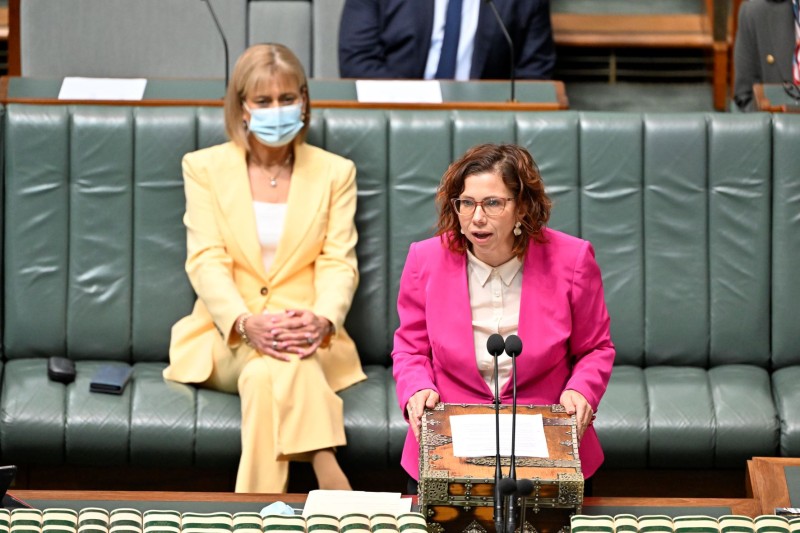 A woman in a pink suit looksis speaking while leaning on an ornate box. A microphone and papers are infront of her. A woman in a yellow suit sits on the green tiered seating behind the woman speaking.