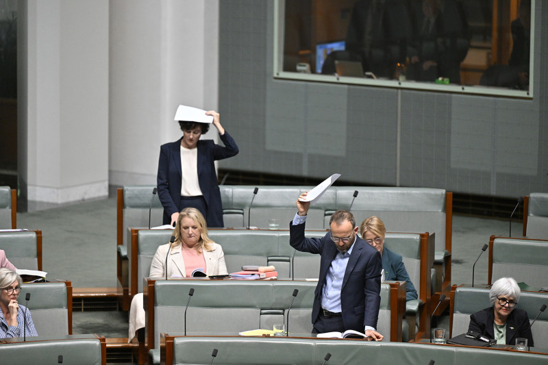 2 members of the House of Representatives stand at their desks holding pieces of paper above their heads. Other members sit in their seats nearby.