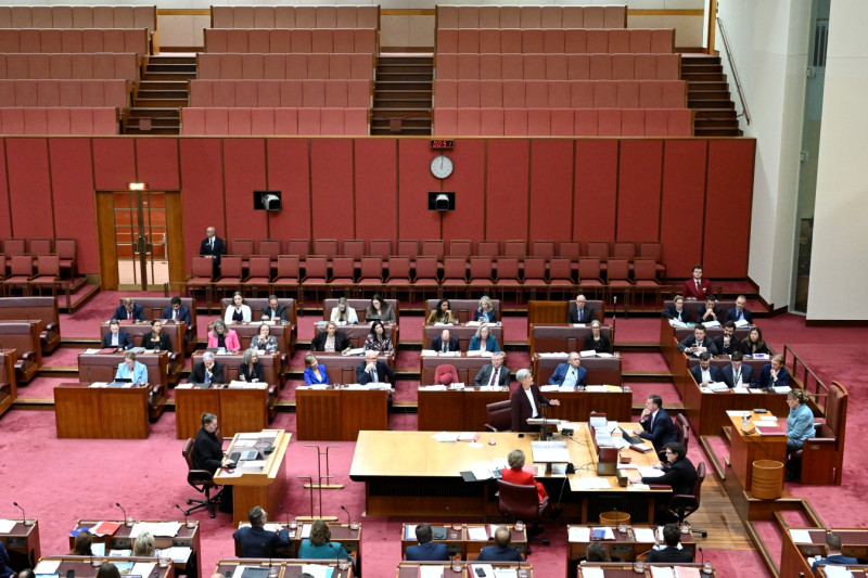 In the Senate, a group of around 25 senators sit on 2-seater benches with desks in front of them. 