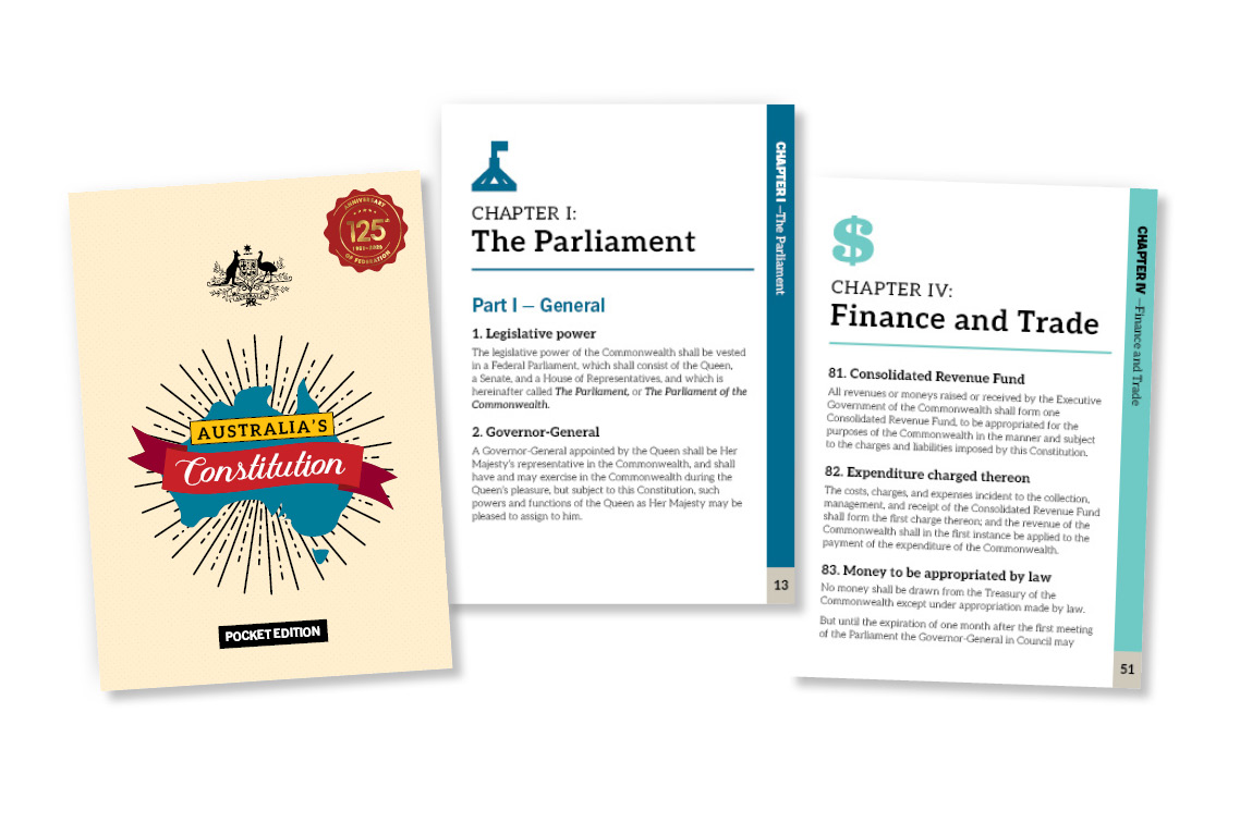 Front cover of Australia's Constitution and sample pages