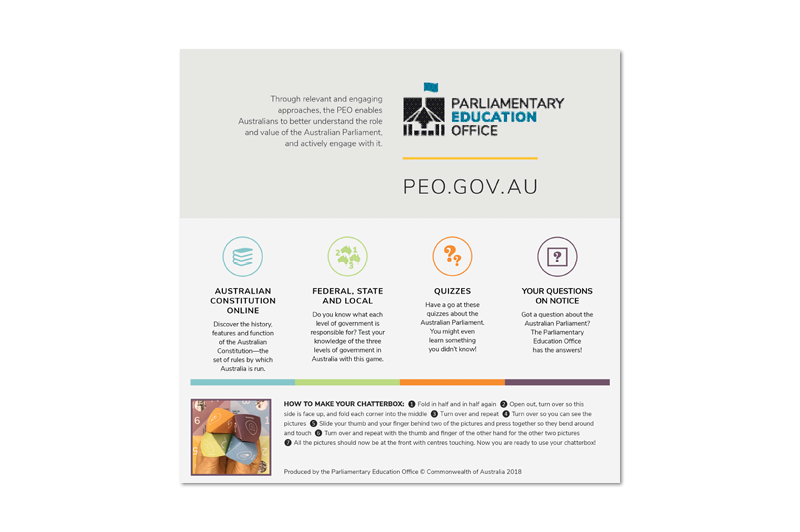 Instructions on how to make the PEO's chatterbox and information about the PEO.
