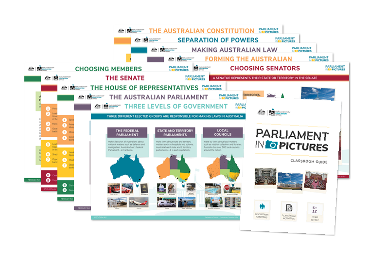 Sample posters from the Parliamentary Education Office's Parliament in pictures resource.