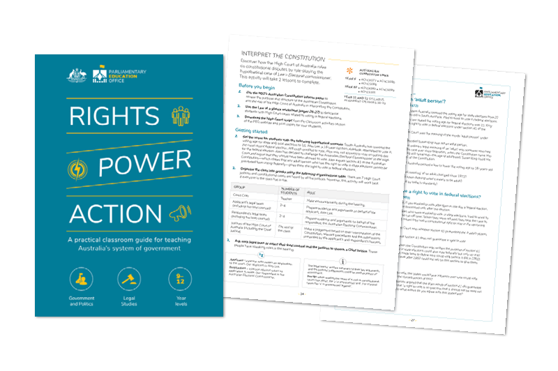 Pages from the PEO's Rights, power, action: a classroom guide A4 booklet