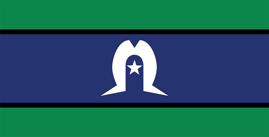 Torres Strait Islander flag: blue and green with a white Dhari and five-pointed star in the centre.